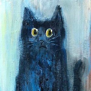 黒猫の絵画、猫アート、猫好きへのギフト、黒の抽象アート、キャンバスに描かれたオリジナルのアクリル画、猫のアートワーク、黒猫の壁アート