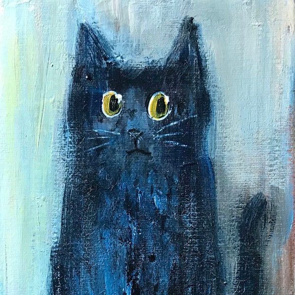 Peinture de chat noir, art de chat, cadeau pour amoureux des chats, art abstrait noir, peinture acrylique originale sur toile, oeuvre de chat, art mural chat noir