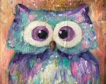 フクロウアート フクロウの絵画 オリジナルアクリル画 ストレッチ