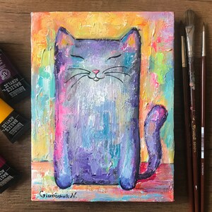 Original Cat Painting Acrylic Artwork on Canvas Gray Cat Small Art Modern Cat Painting Fine Art Pet Art Cat Lover Gift Idea Russian Blue Cat