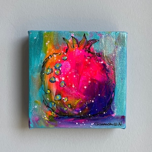 Pomegranate Art, Original Artwork, Red Acrylic Painting, Fruit Kitchen Painting, Contemporary Art, Still Life, Small Painting, Birthday Gift