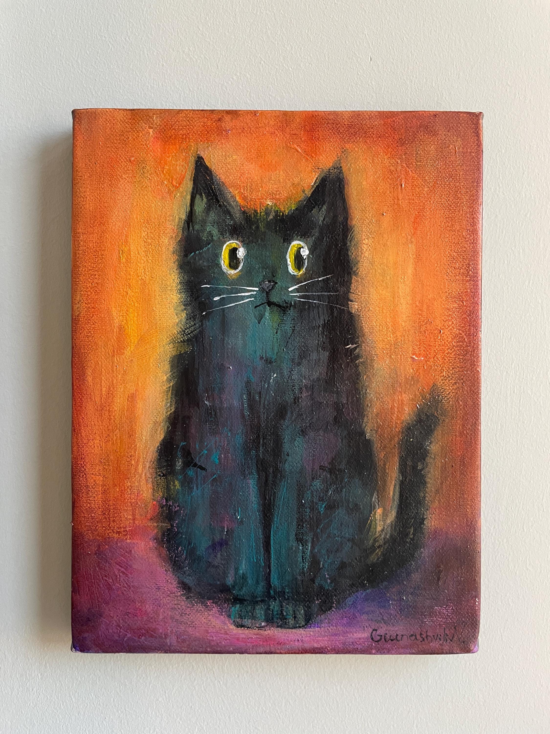 Black Cat Acrylic Painting on Canvas 9x7 in | Original Halloween