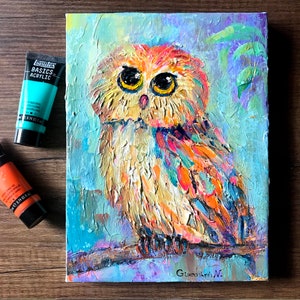 Arte de búho, pintura de búho, pintura acrílica original sobre lienzo, decoración de pared de búho, decoración de casa de búho, obra de arte abstracta, regalo colorido para amantes de los búhos