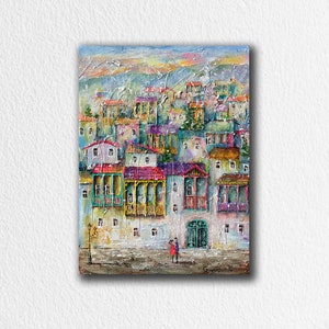 Stadsgezichtskunst, origineel acrylschilderij, Georgië stadskunst, kunstwerk op canvas, oud stedelijk landschap van Tbilisi, aangepaste kunst, uniek cadeau