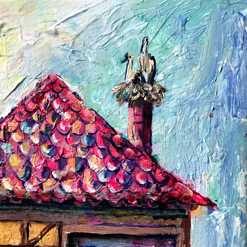 村の芸術 フランスの美しい家のオリジナルアクリル画 ヨーロッパの芸術 フランスの町の建築 植物と明るい花 ファインアート 画像 6