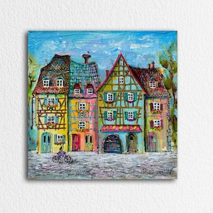 Charming European Townscape Original Acrylic Painting Vibrant Street Scene Old European Village Vintage City Colorful Old Town Street Art
