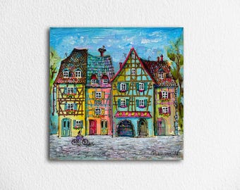 Charming European Townscape Original Acrylic Painting Vibrant Street Scene Old European Village Vintage City Colorful Old Town Street Art