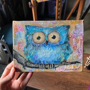 Owl Painting Acrylic Original on Canvas Painting of Pet Whimsical Art Blue Owl Pet Painting Owl Lover Gift Pretty Painting Small Gift