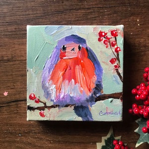 Bird Art, Small Robin Bird Painting, Abstract Canvas Art, Original Acrylic Painting, Folk Art Painting, Love Bird, Animal Art, Little Birds