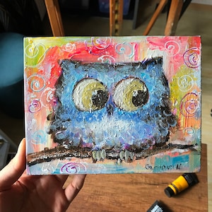 Baby Owl Painting Animal Wall Art Original Acrylic Artwork on Canvas Abstract Colorful Miniature Painting Children&#39;s Wall Art Hand-Painted