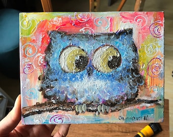 Baby Owl Painting Animal Wall Art Original Acrylic Artwork on Canvas Abstract Colorful Miniature Painting Children's Wall Art Hand-Painted