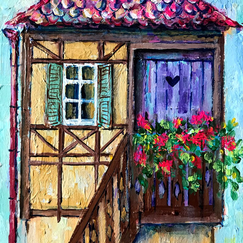 村の芸術 フランスの美しい家のオリジナルアクリル画 ヨーロッパの芸術 フランスの町の建築 植物と明るい花 ファインアート 画像 4