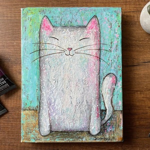 Arte de gato, pintura de gato, pintura acrílica original de gato blanco, regalo para amantes de los gatos, dibujo divertido de gato, retrato de gato, arte de pared de gato, pintura personalizada