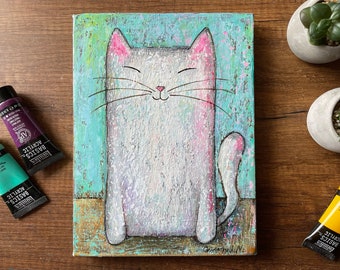 Cat Art, Cat Painting, Original Acrylic White Cat Painting, Cat Lover Gift, Funny Cat Drawing, Cat Portrait, Cat Wall Art, Custom Painting