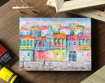 City Art, Acrylic Painting, Original Artwork on Canvas, Cityscape Europe Street, Little Town, Unique Old Urban Landscape, Couple Walking Dog