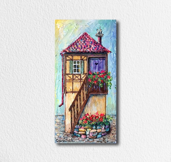 Village Art Original Acrylic Painting of Beautiful House in France European Art French Town Architecture Plants and Bright Flowers Fine Art