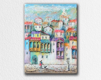 City Art Cityscape Acrylic Painting Original Artwork on Canvas Urban Landscape Old Street View Couple walking a Dog Fine Art Hand-Painted