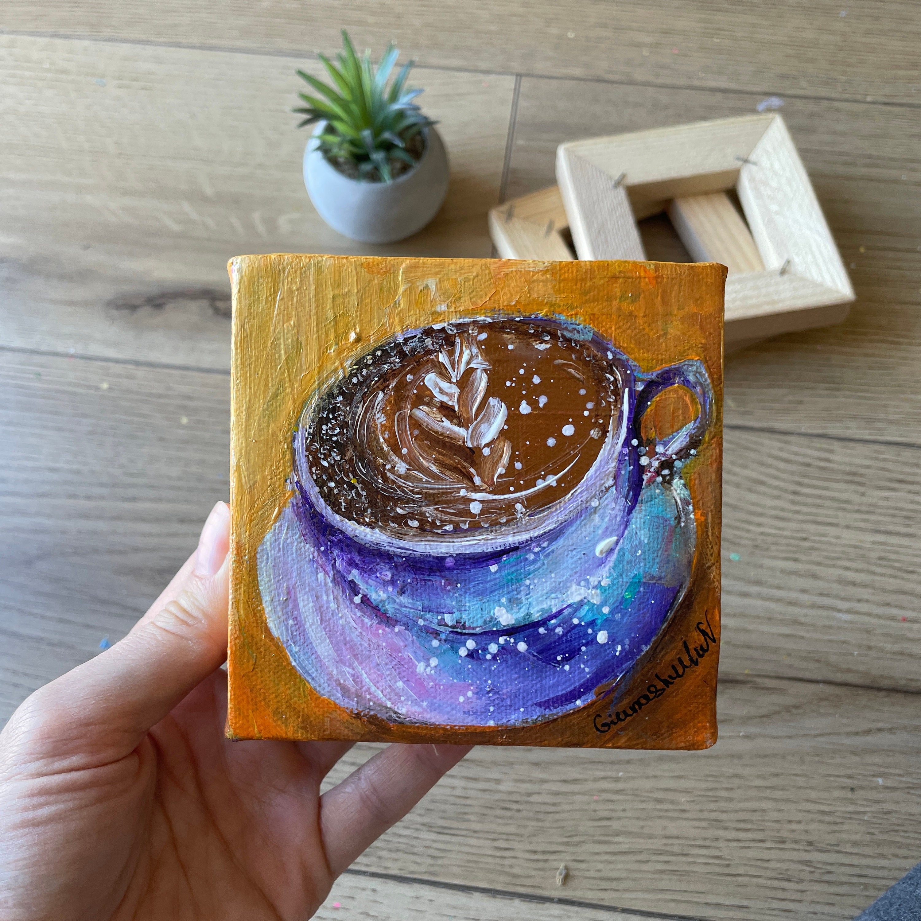 コーヒーカップの絵画、オリジナルアクリル画、カプチーノアート