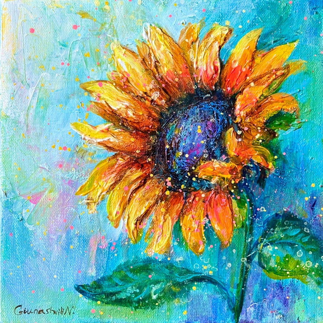 Sunflower Acrylic Painting Original, Canvas Wall Art 8x8, Textured