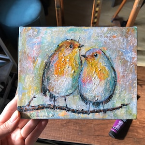 Arte de pájaros: Dos petirrojos en una rama, regalos para pareja. Obra de arte original, pintura acrílica sobre lienzo, pájaros enamorados, decoración del hogar, regalos de boda.