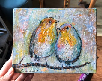 Birds Art Two Robin Birds on a Branch Couple Gifts ORIGINAL Artwork Acrylic Painting on Canvas Birds In Love Home Decor Wedding Gifts