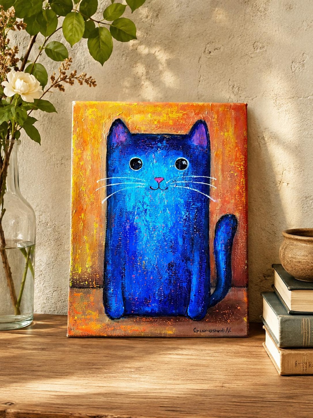 オリジナル黒猫絵画、抽象的な青いアクリルキャンバスアート、子供部屋