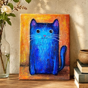 黒猫の絵画、猫アート、猫好きへのギフト、黒の抽象画、キャンバスに