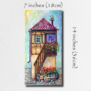 村の芸術 フランスの美しい家のオリジナルアクリル画 ヨーロッパの芸術 フランスの町の建築 植物と明るい花 ファインアート 画像 7