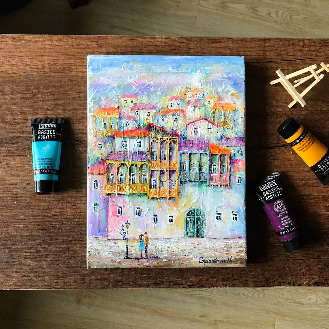 City Scape Wall Art, Old European City, Art Deco Original Painting on ...