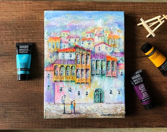 City Scape Wall Art, Old European City, Art Deco Original Painting on Canvas, Urban Landscape, Street Scene, Couple Gift, Hand-Painted