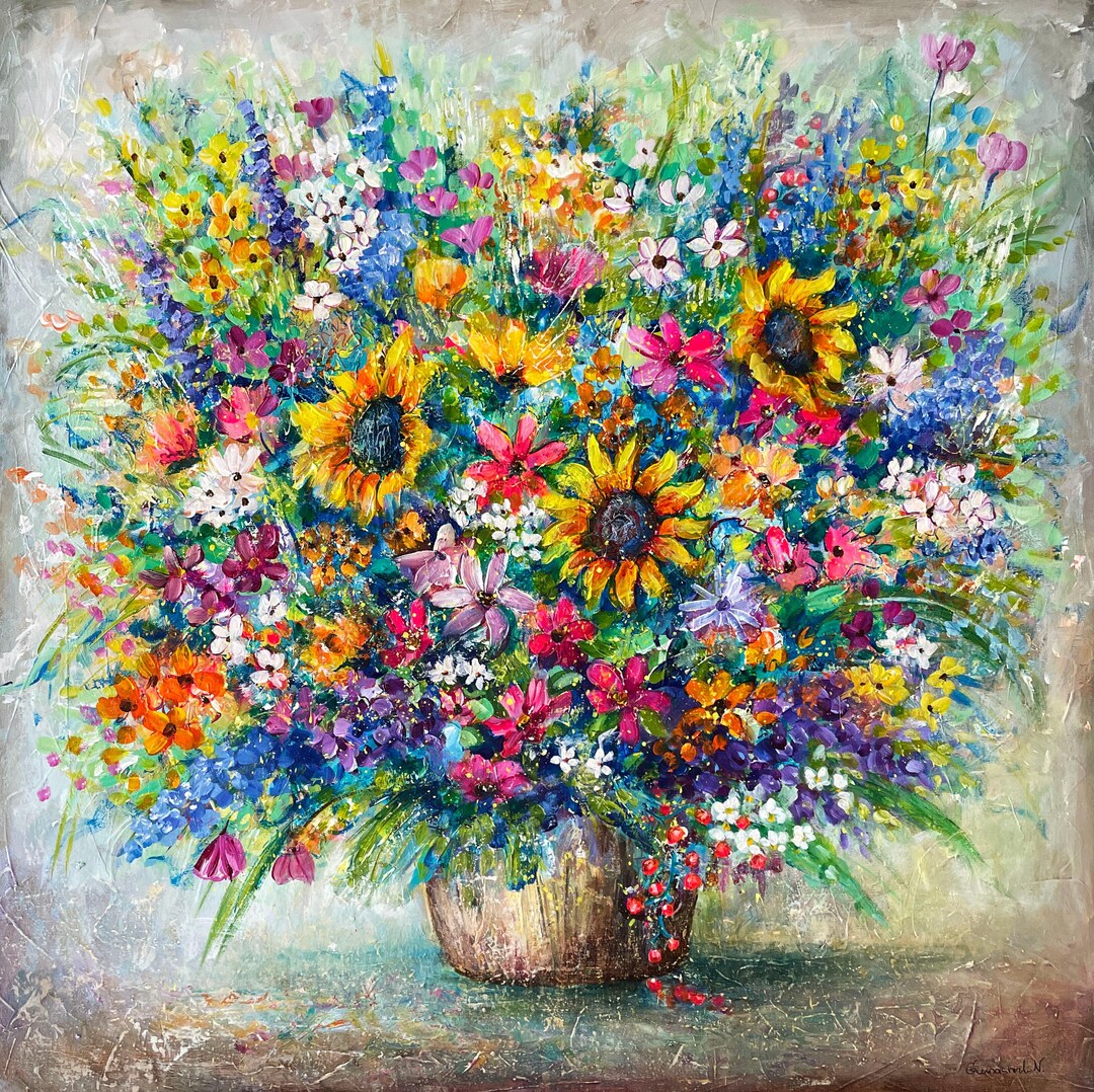 野生の花の夏の花束の絵画キャンバスに描かれたオリジナルのアクリル画