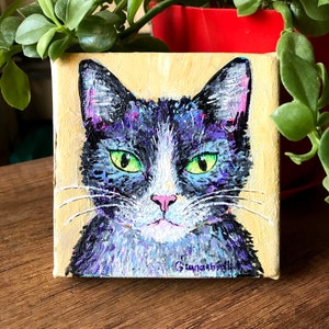 Cat Art, Tuxedo Cat Painting, Original Acrylic, Custom Pet Art, Miniature Animal Portrait, Gift for My Pet, Black & White, Cartoonish Pet