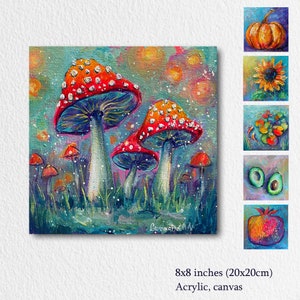 Amanita Mushroom Painting Fly Agaric Red Magic Mushrooms Acrylic Original Art Hand-Painted Wall Decor Small Still Life Artwork Friend Gift