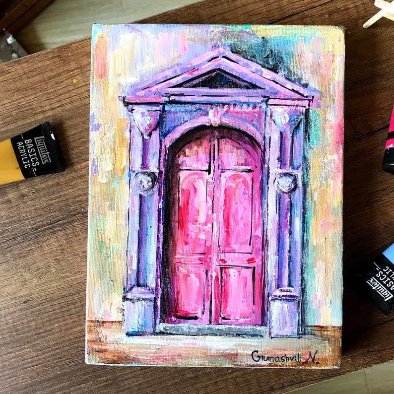 Door Painting Original Wall Art Acrylic Artwork Pink Door Etsy