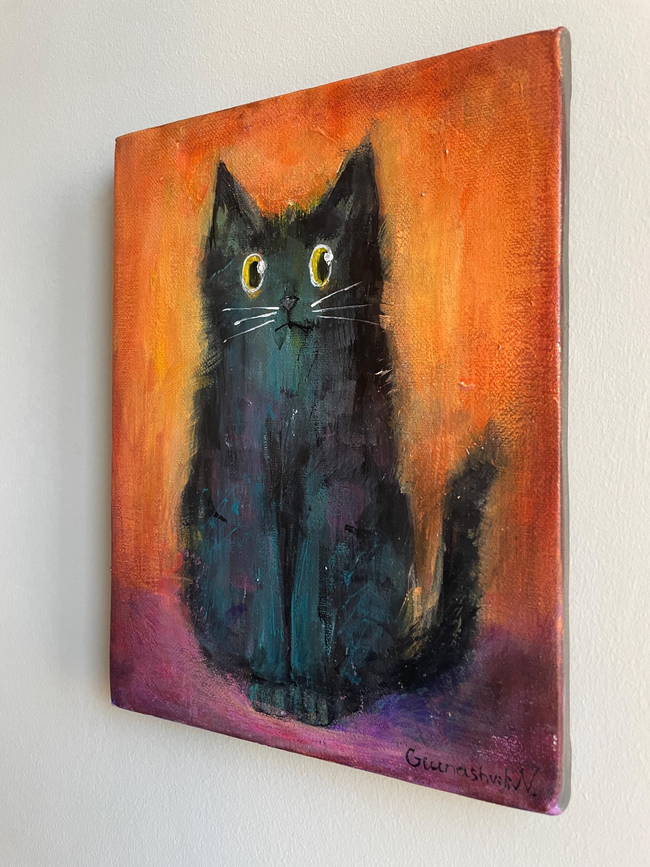 Black Cat Acrylic Painting on Canvas 9x7 in | Original Halloween