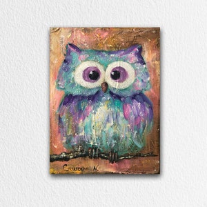 Owl Art Owl Painting Original Acrylic Painting on Stretch Canvas Bird Painting Nursery Wall Art Ready to Hang Bird Lover Gift Animal Art