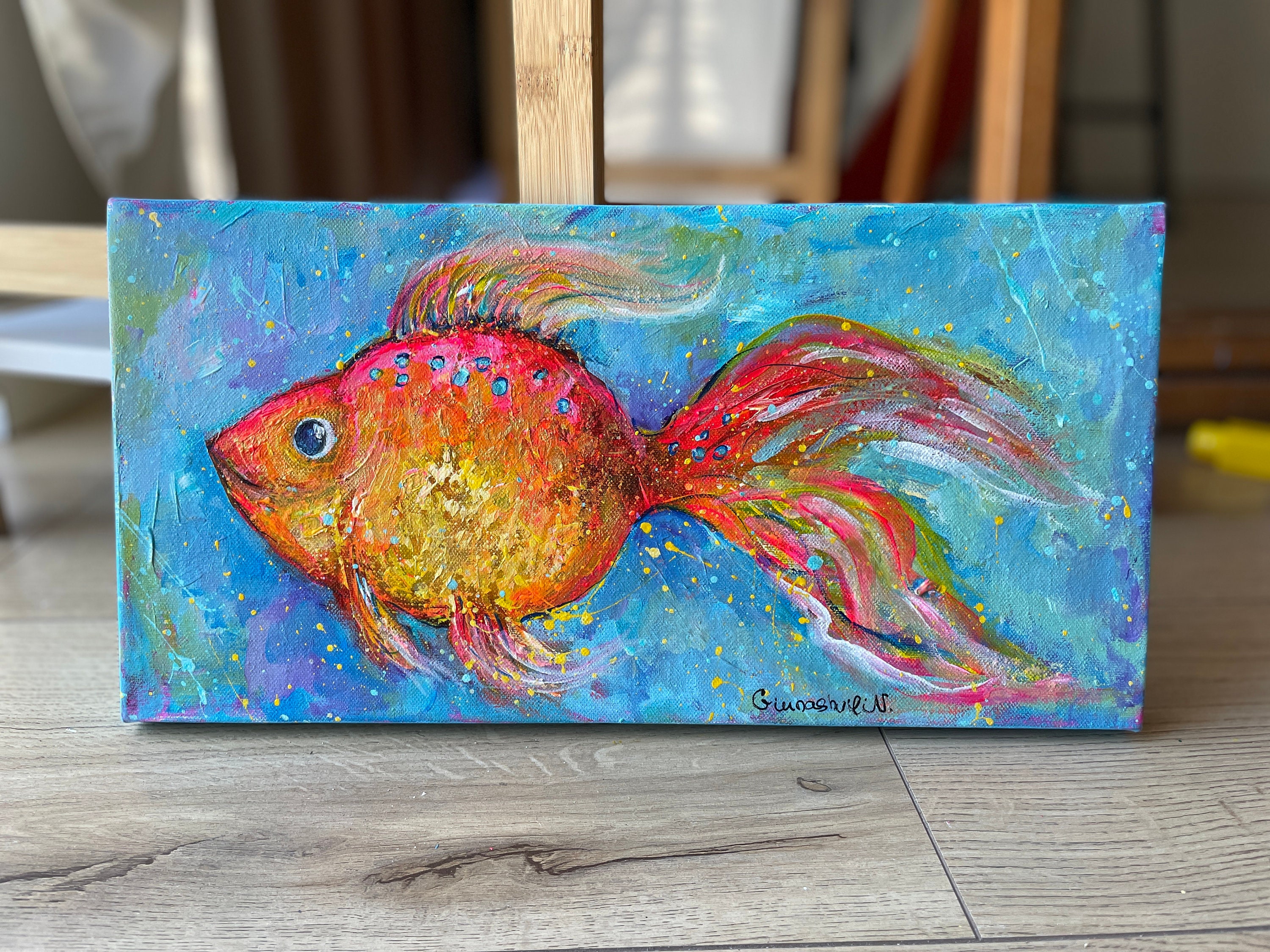 金魚の絵画 壁飾り ギフト 現代アート作品 ハッピーフィッシュアート