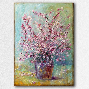 桜の絵画、花瓶の花、桜の花、オリジナル絵画壁アートキャンバスストレッチ、インパストアクリルアートワーク、壁装飾