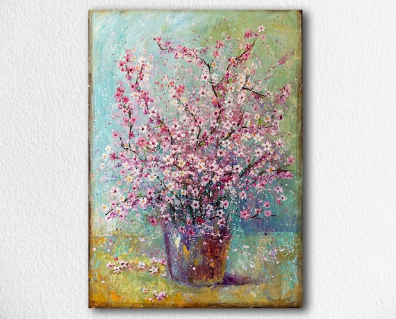 桜の絵画、花瓶の花、桜の花、オリジナル絵画ウォールアートキャンバス