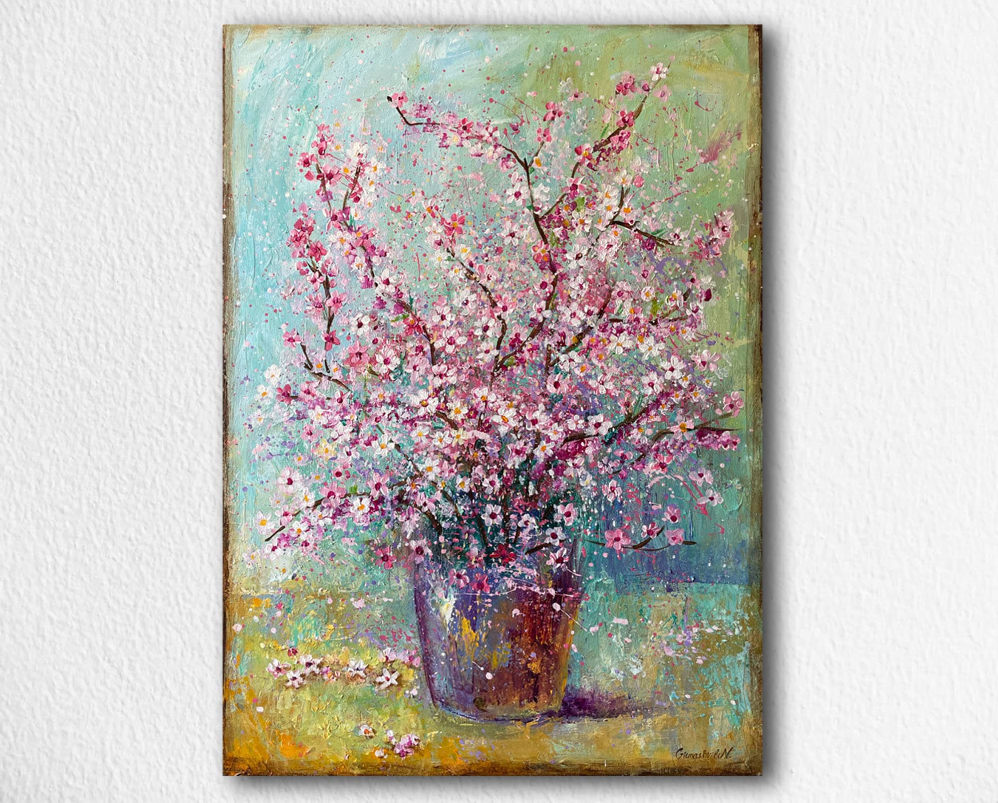 桜の絵画、花瓶の花、桜の花、オリジナル絵画ウォールアートキャンバス
