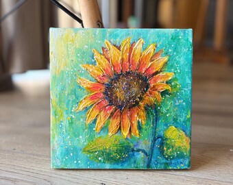 ひまわりのアクリル画オリジナル、キャンバスウォールアート8x8、質感