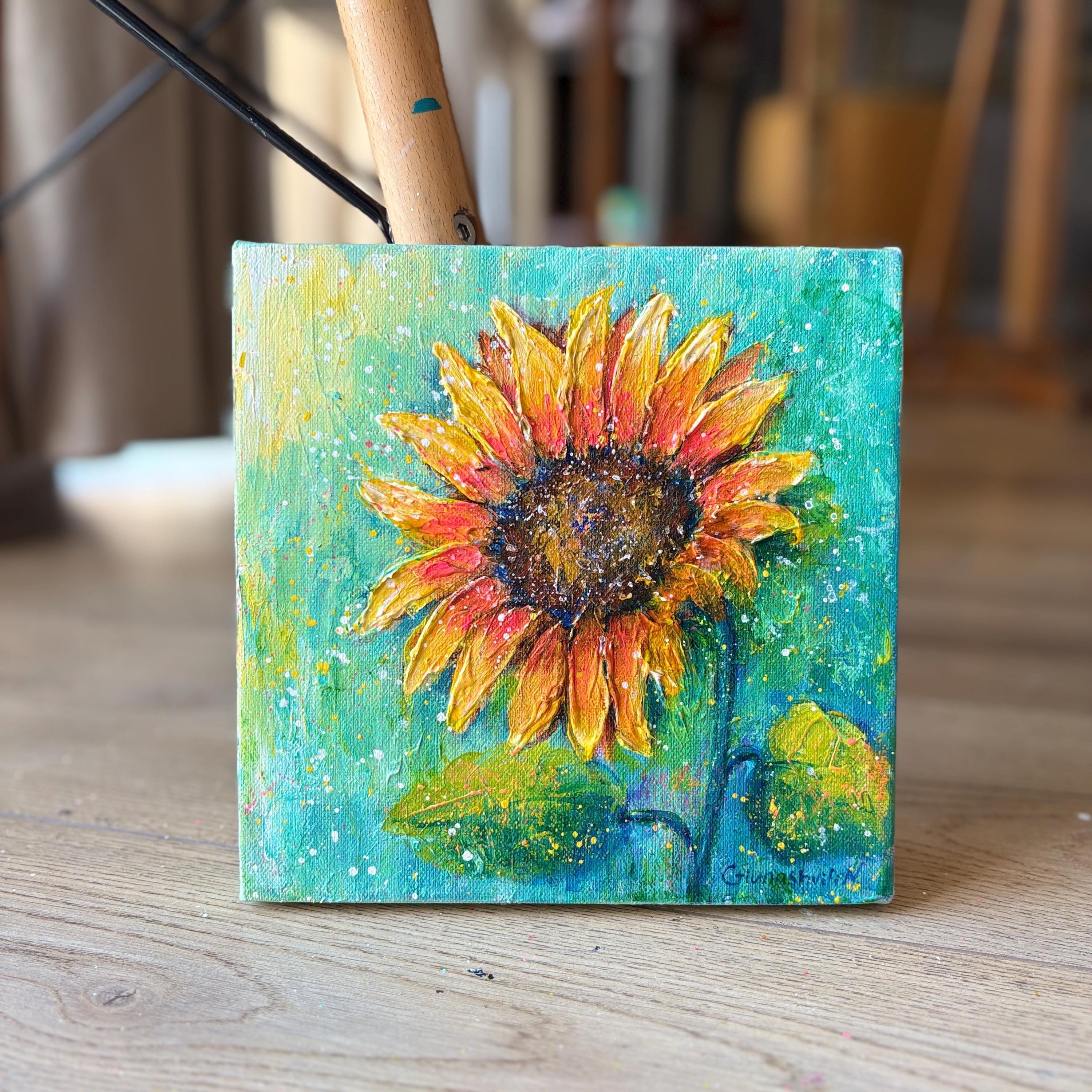 ひまわりのアクリル画オリジナル、キャンバスウォールアート8x8、質感