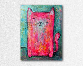 Cat Painting Original Acrylic Painting on Stretch Canvas Ginger Cat Painting Nursery Wall Art Ready to Hang Cat Lover Gift Pink Animal Art