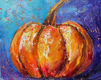 Pumpkin Acrylic Painting Original Halloween Gift Kitchen Decor Autumn Art Vintage Fall Painting Bright Colors Farmhouse Wall Art Still Life