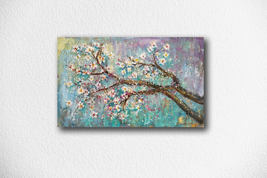 White Cherry Blossom Painting, Sakura Flowers, Original Painting Wall