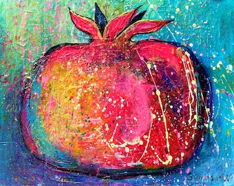 Pomegranate Art, Original Artwork, Colorful  Acrylic Painting, Fruit  Painting, Contemporary Art, Still Life, Small Painting, Birthday Gift