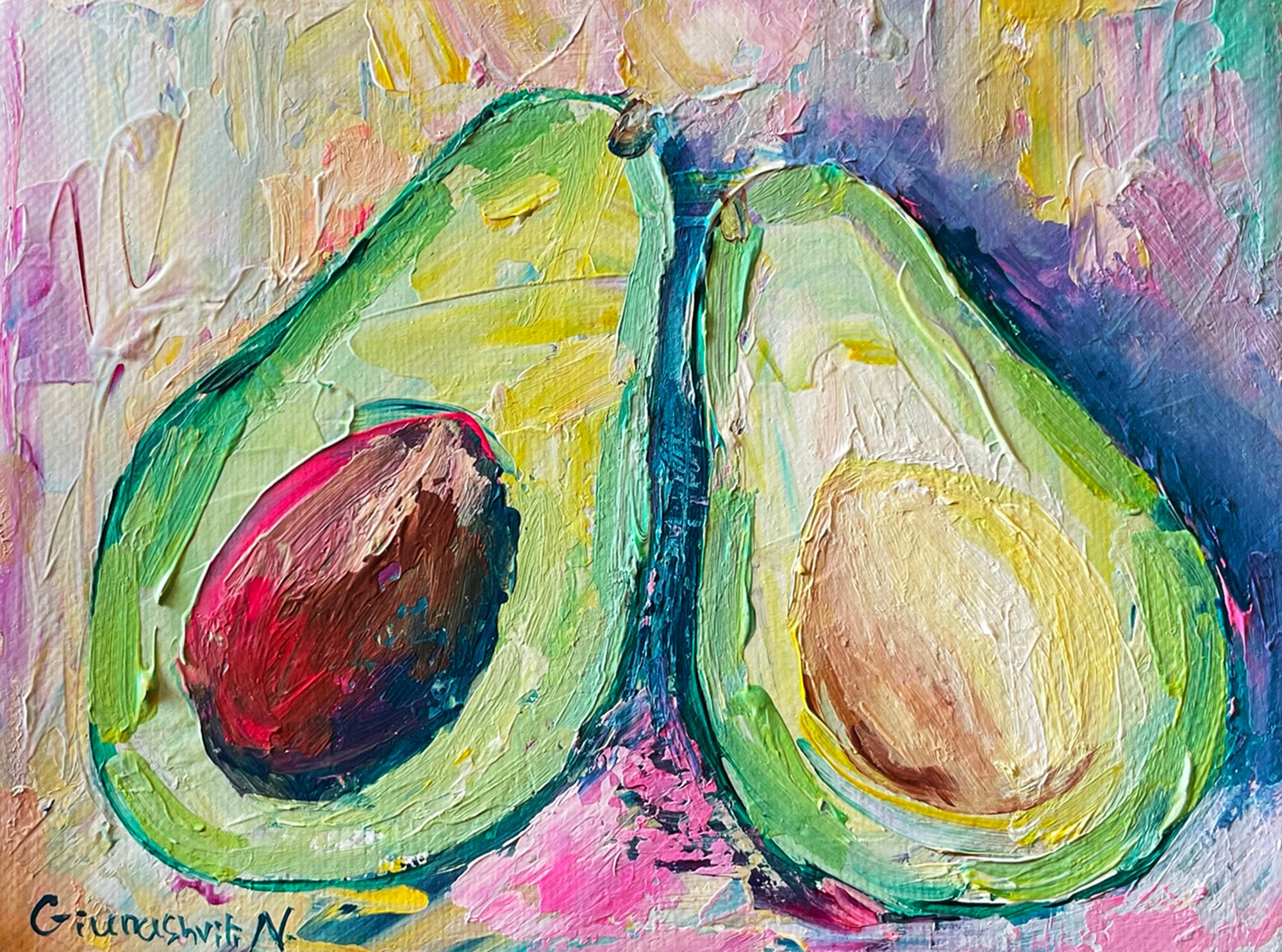 オリジナルアート作品 アボカドの絵画 モダンキッチンアート 抽象画