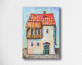 Abstract Art, House Painting, Cityscape Artwork on Canvas, House Portrait in Old Town, Living Room Wall Art, Georgian Artist Giunashvili Nia
