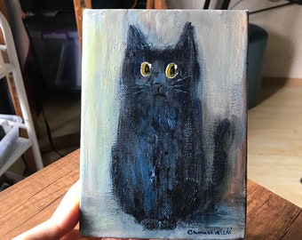 黒猫の絵画、猫アート、猫好きへのギフト、黒の抽象画、キャンバスに