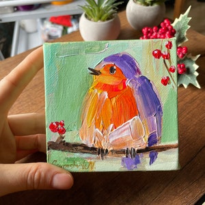 Bird Art, Small Robin Bird Painting, Abstract Canvas Art, Original Acrylic Painting, Folk Art Painting, Love Bird, Animal Art, Little Birds
